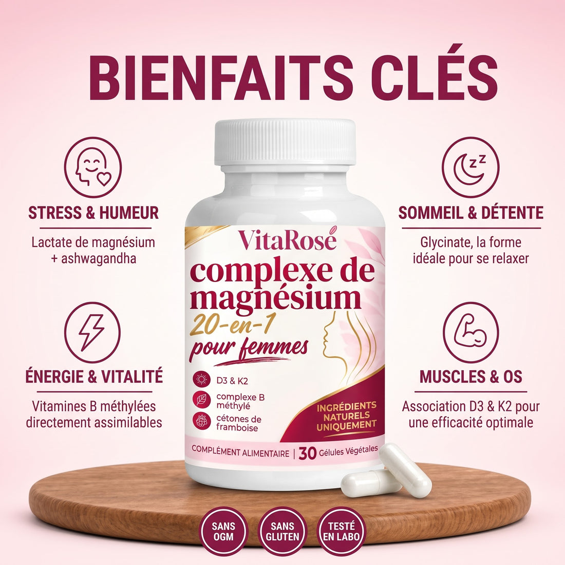Bienfaits clés VitaRose : stress et humeur, sommeil, énergie, muscles et os