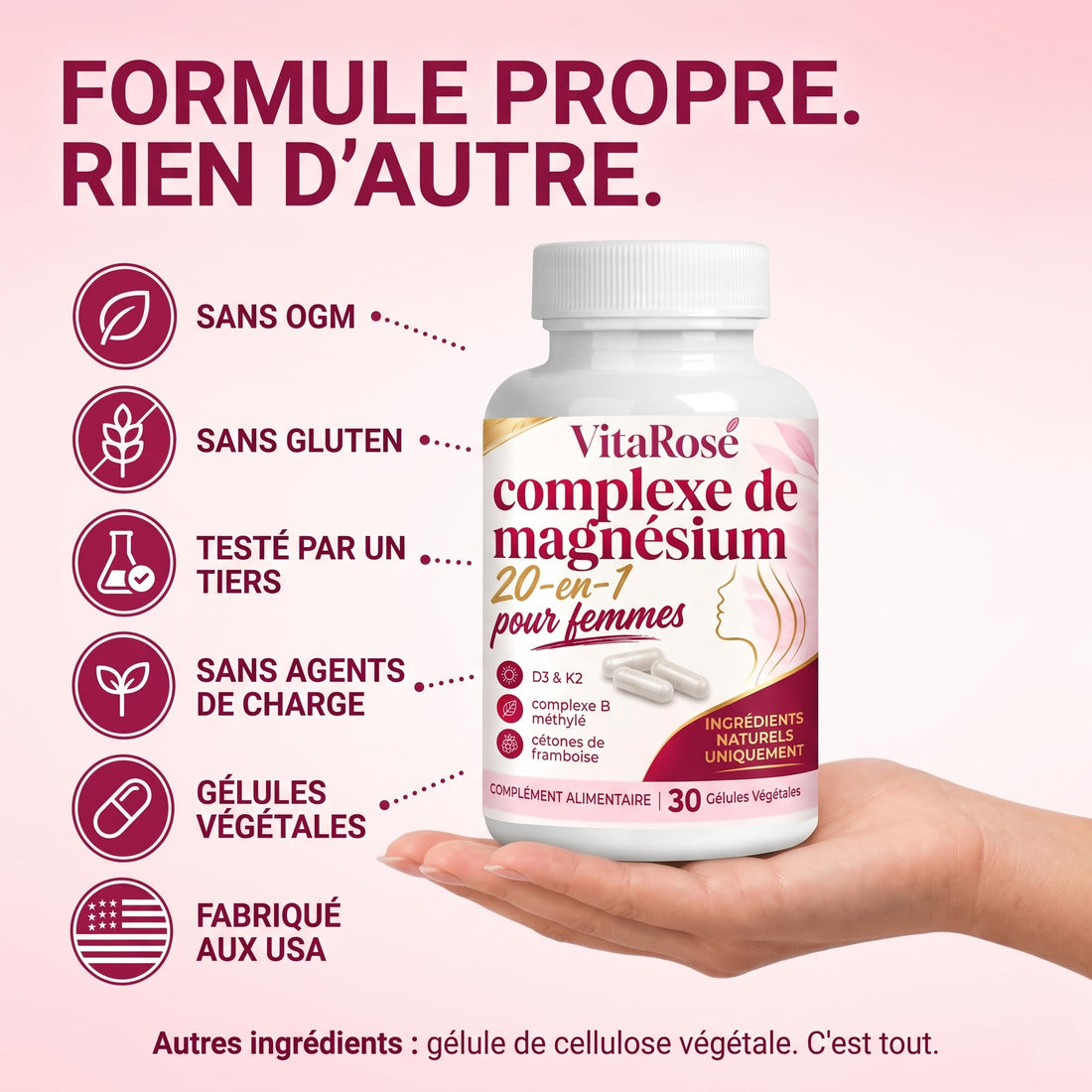 Formule propre VitaRose : sans OGM, sans gluten, gélules végétales