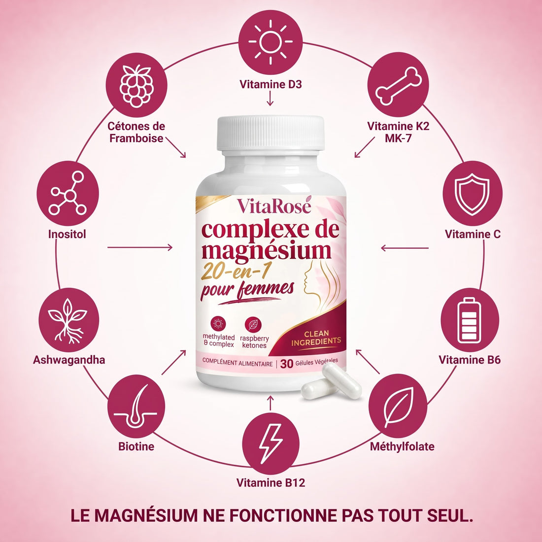 Vitamines et actifs associés au magnésium VitaRose : D3, K2, C, B6, B12, biotine, ashwagandha