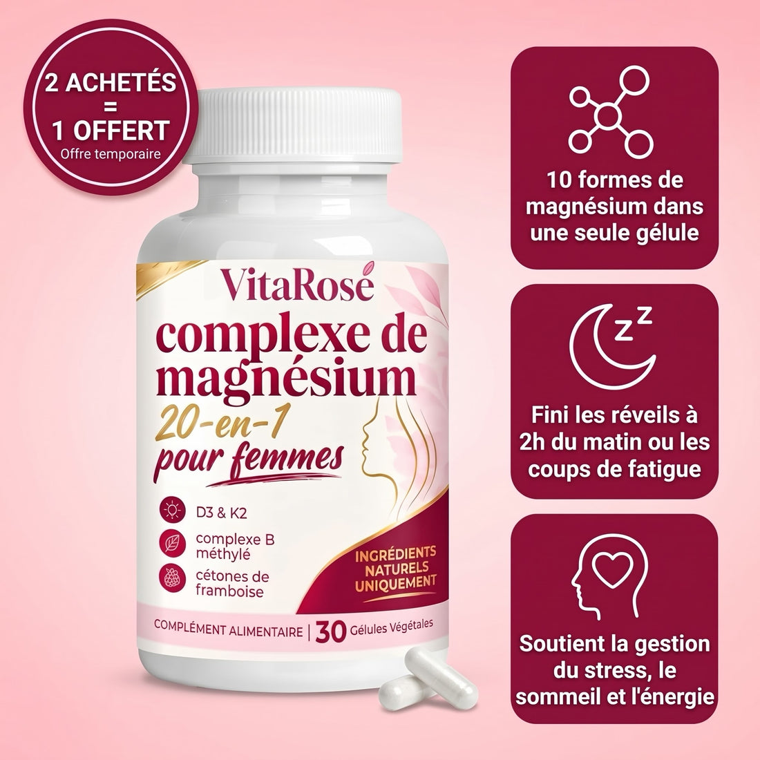 Flacon VitaRose Complexe de magnésium 20-en-1 pour femmes, 10 formes de magnésium en une gélule