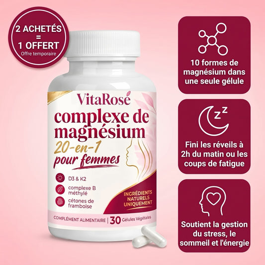 Flacon VitaRose Complexe de magnésium 20-en-1 pour femmes, 10 formes de magnésium en une gélule