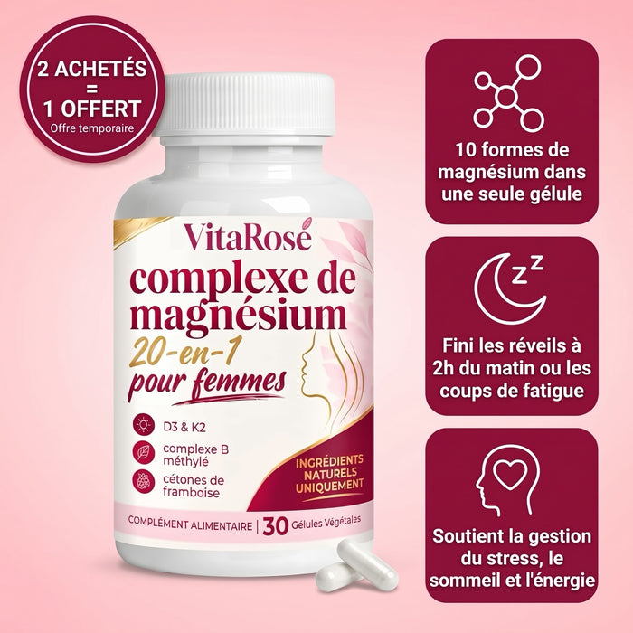 Flacon VitaRose Complexe de magnésium 20-en-1 pour femmes, 10 formes de magnésium en une gélule